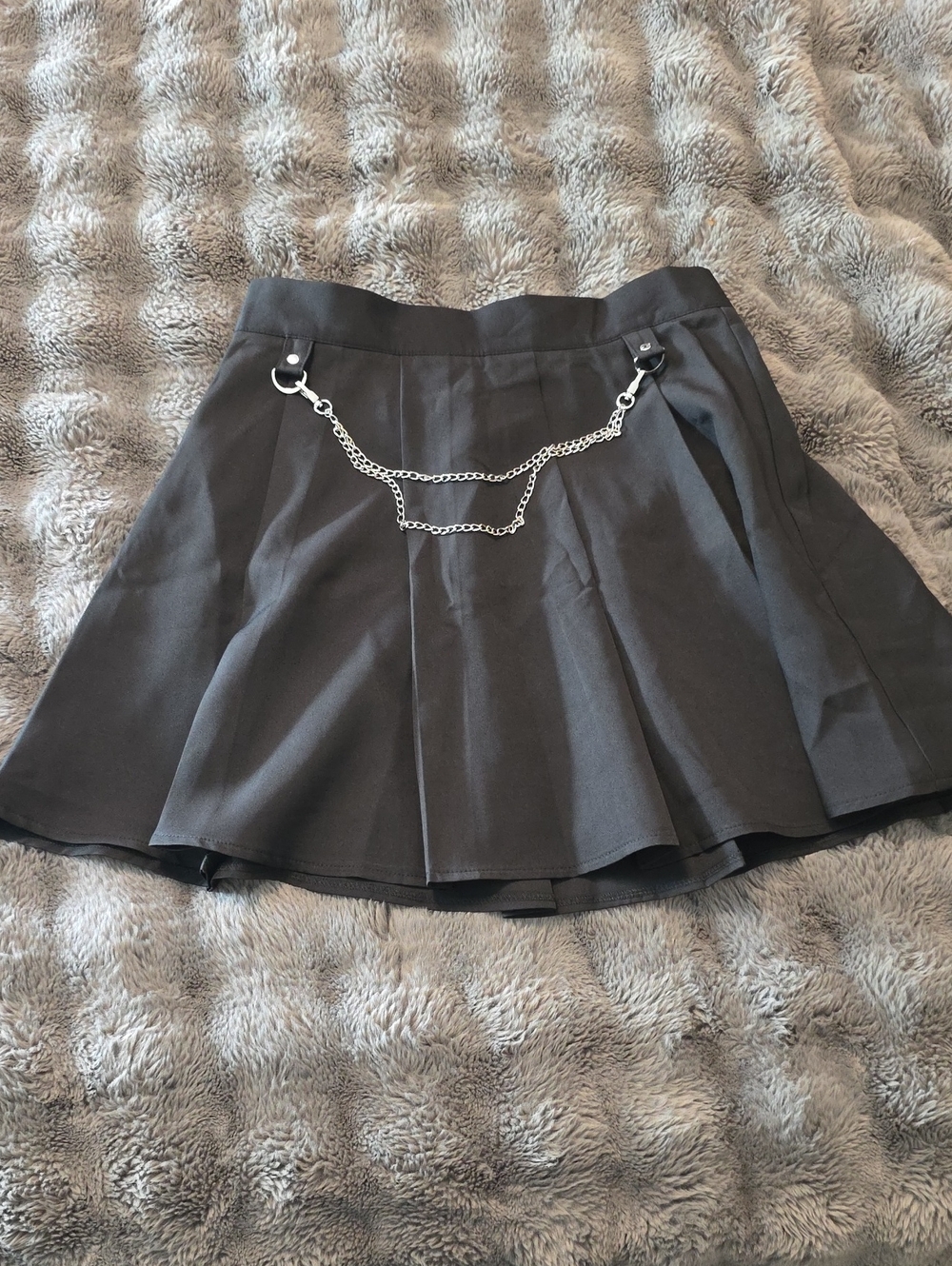 Black Pleated Skater Mini Skirt with Silver Chain Accent